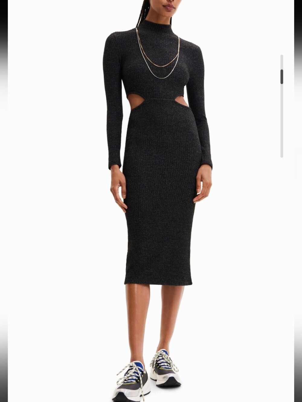 DESIGUAL | Women's Fuzzy Black w/ Silver Metallics Cutout Long Sleeve Midi Dress